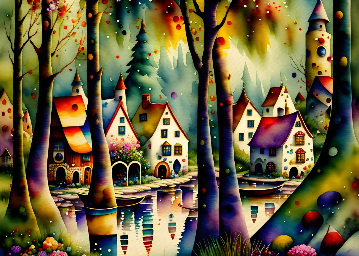 Colorful Illustration: Whimsical Village with River & Lanterns