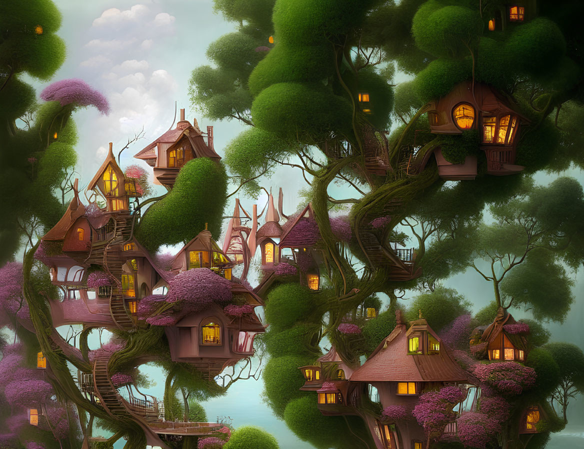 Glowing treehouses in lush trees with purple blossoms