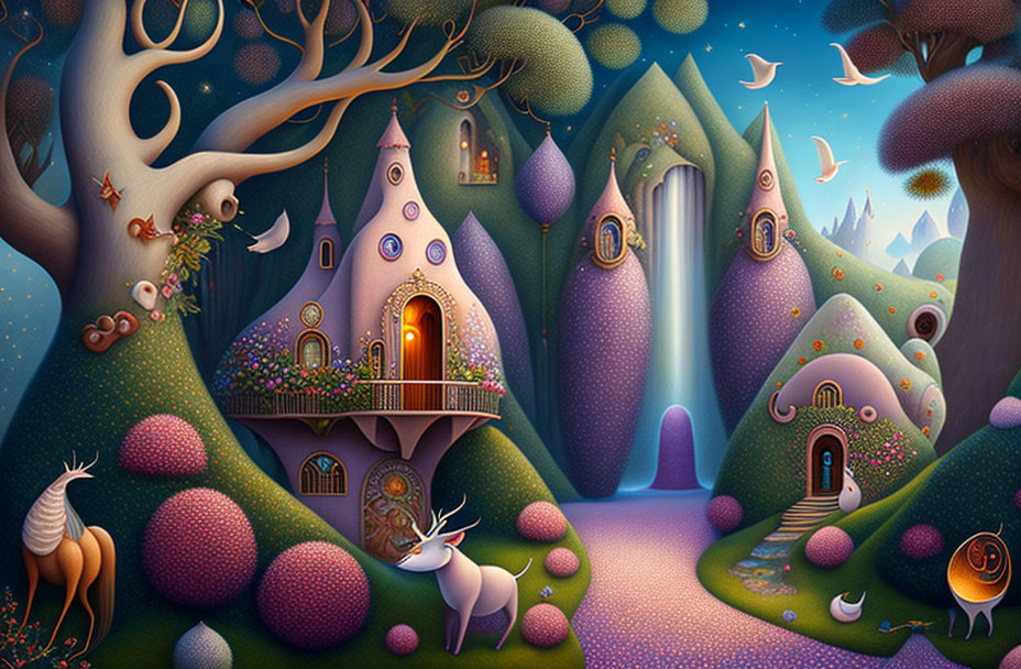 Enchanting landscape with mushroom-shaped houses, white stag, and fantasy trees