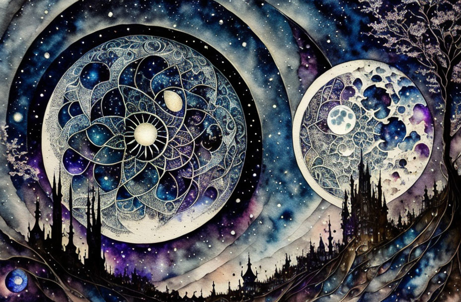 Watercolor illustration of intricate celestial circles in starry sky.