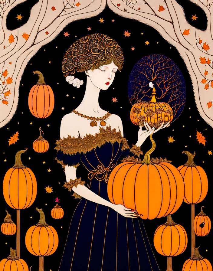 Illustrated woman with ornate headdress mirror reflection of stag on pumpkin amid autumn backdrop