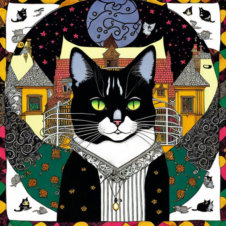 Colorful tuxedo cat with green eyes in whimsical night scene