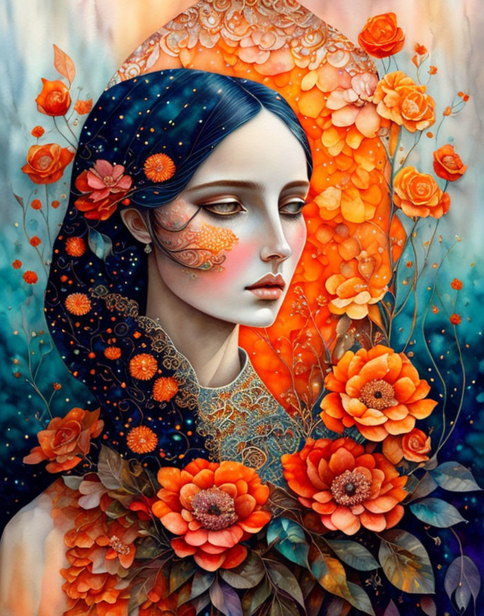 Illustrated portrait of woman with blue hair and orange flowers in serene expression