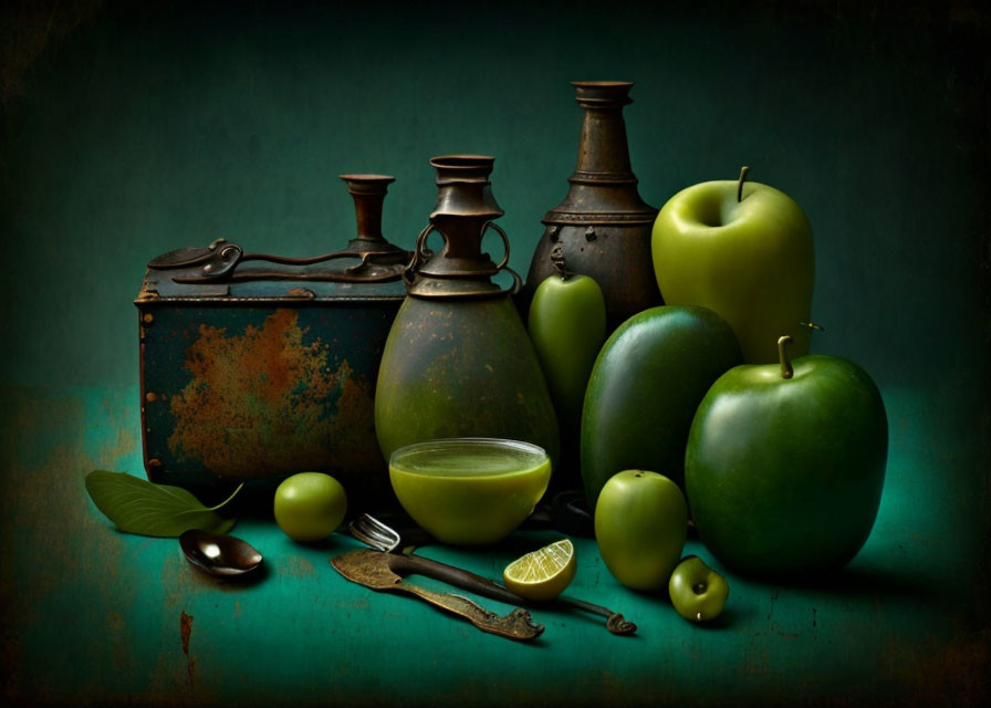 Green apples, lime juice, olive, rusted containers, vintage utensils on teal backdrop