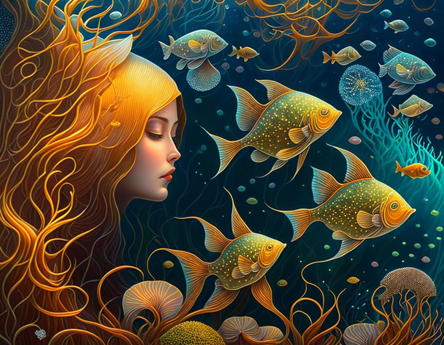 Illustrated underwater scene with serene woman and golden fish in vibrant colors