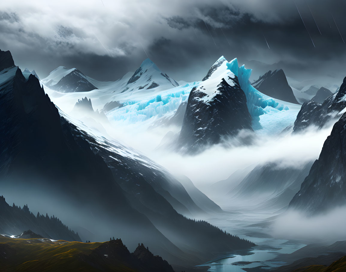 Snow-capped mountains and mist under dark sky