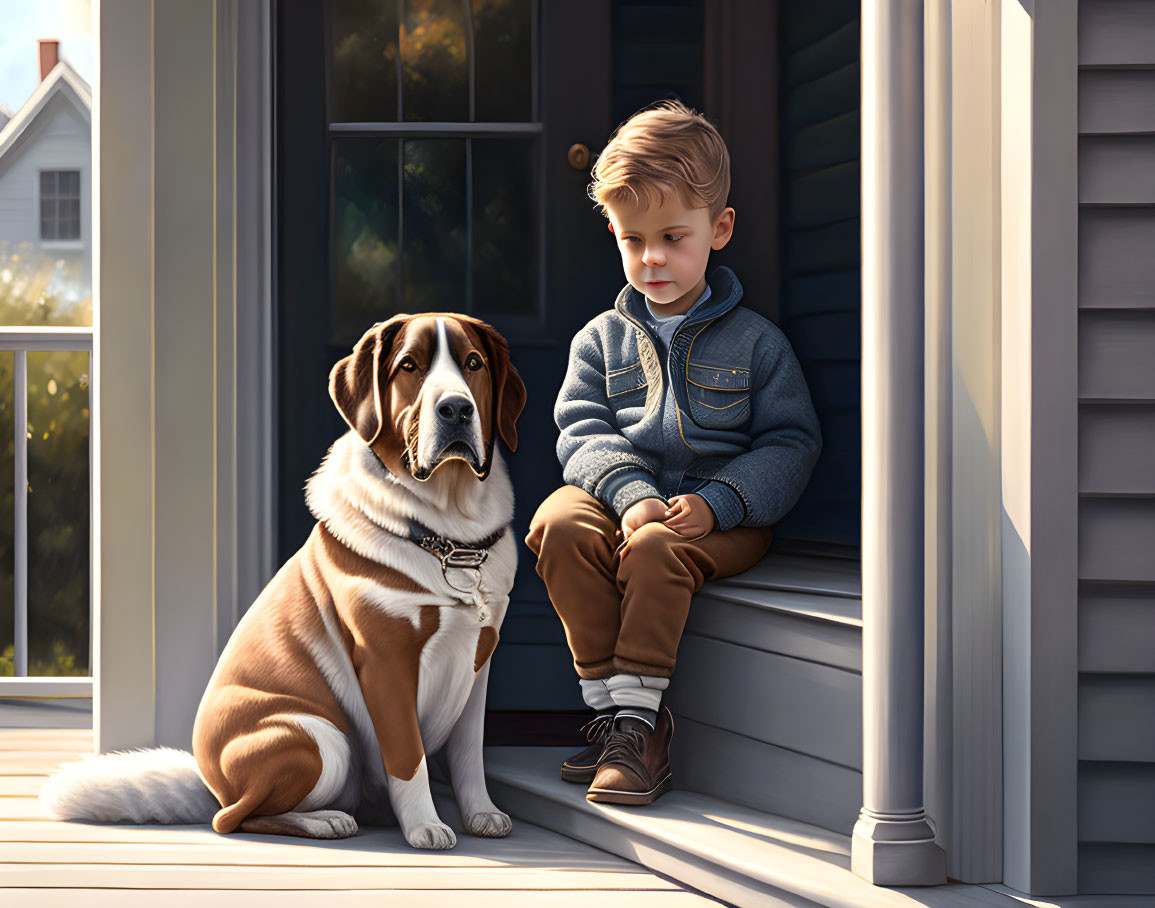 Young boy and large dog share quiet moment on sunny porch