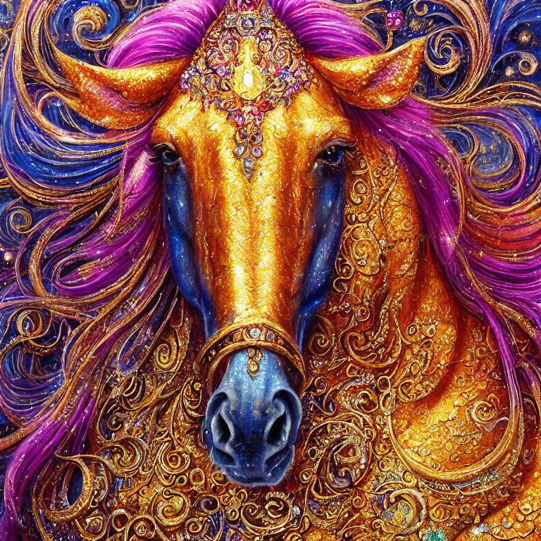 Colorful horse head artwork with golden textures, purple mane, and jeweled details