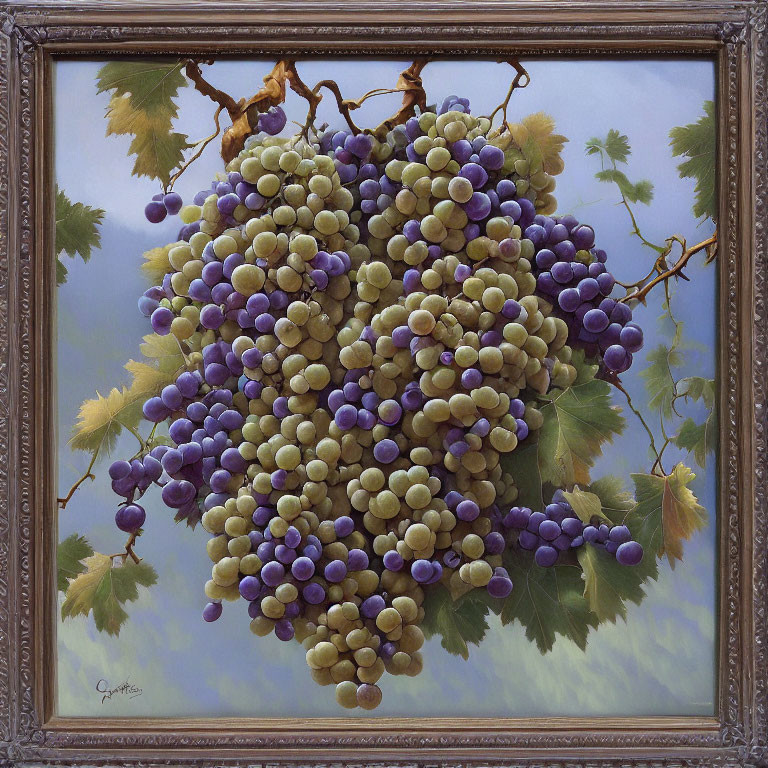 Realistic painting of green grapes with leaves and tendrils