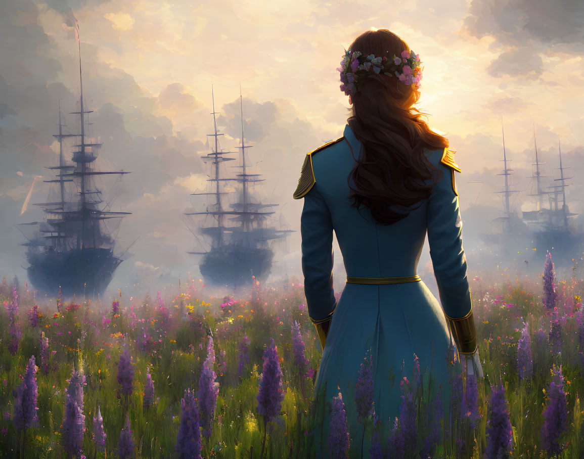 Woman in blue coat and floral wreath admiring ships in purple wildflower field at sunset