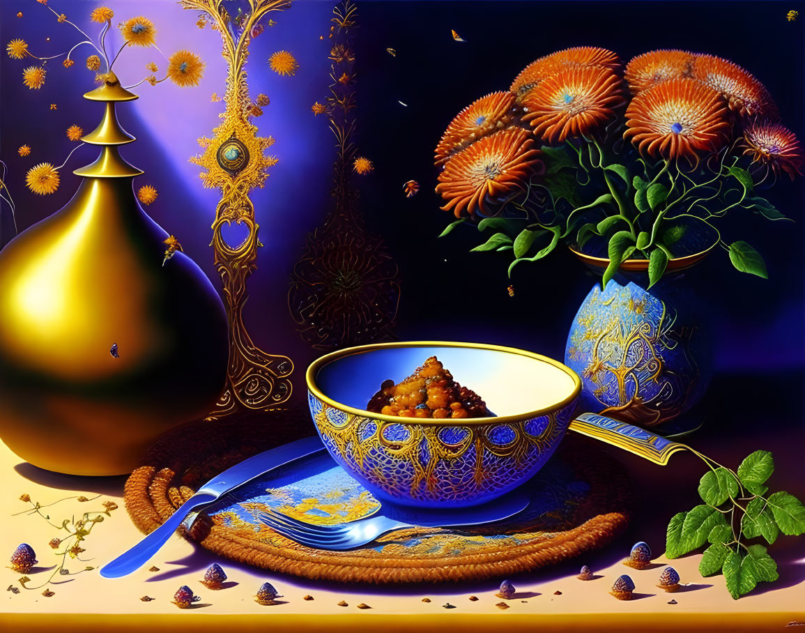 Colorful Still-Life Composition with Golden Vase, Blue Cup, and Floral Bowl