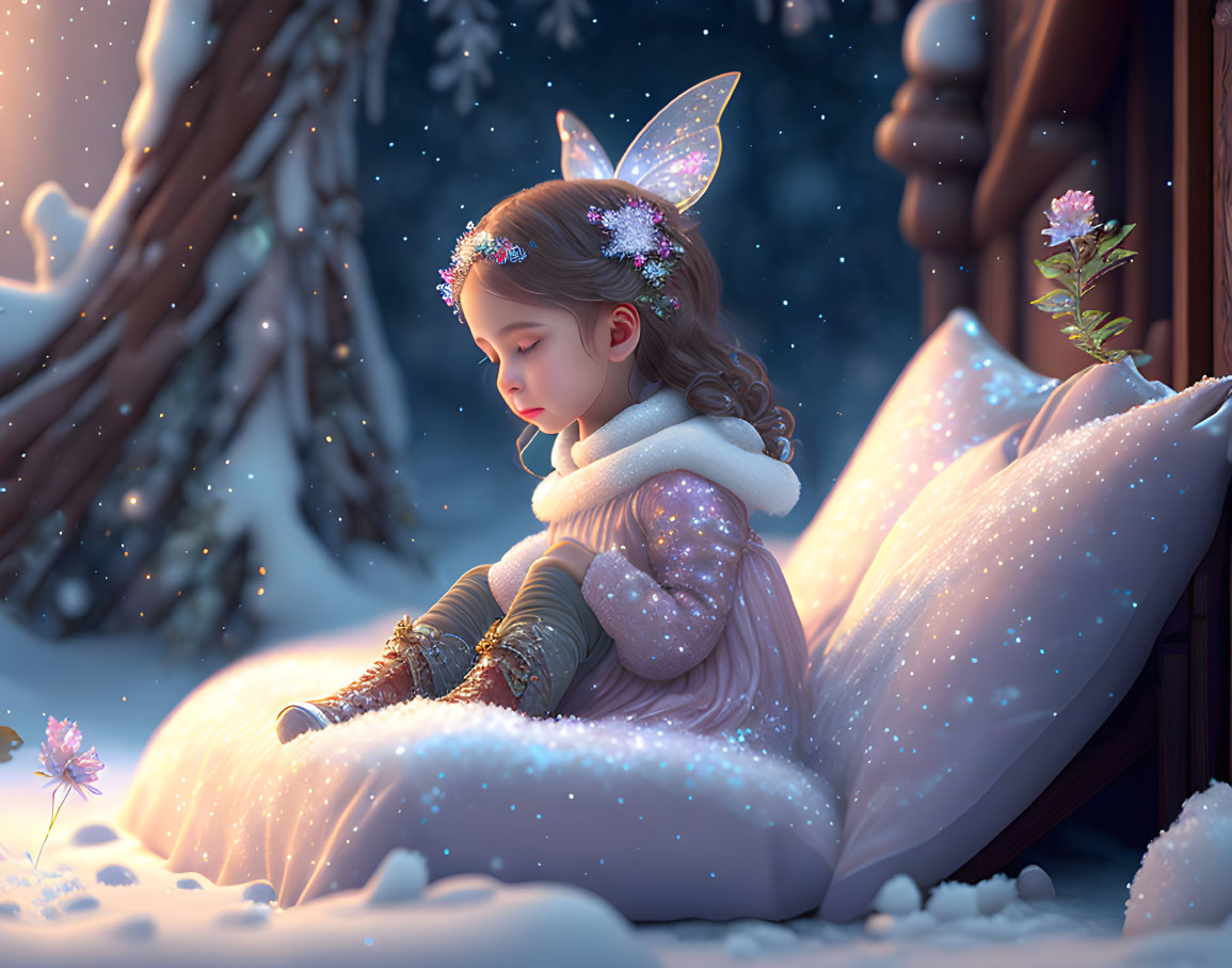 Young girl with fairy wings in snowy winter landscape