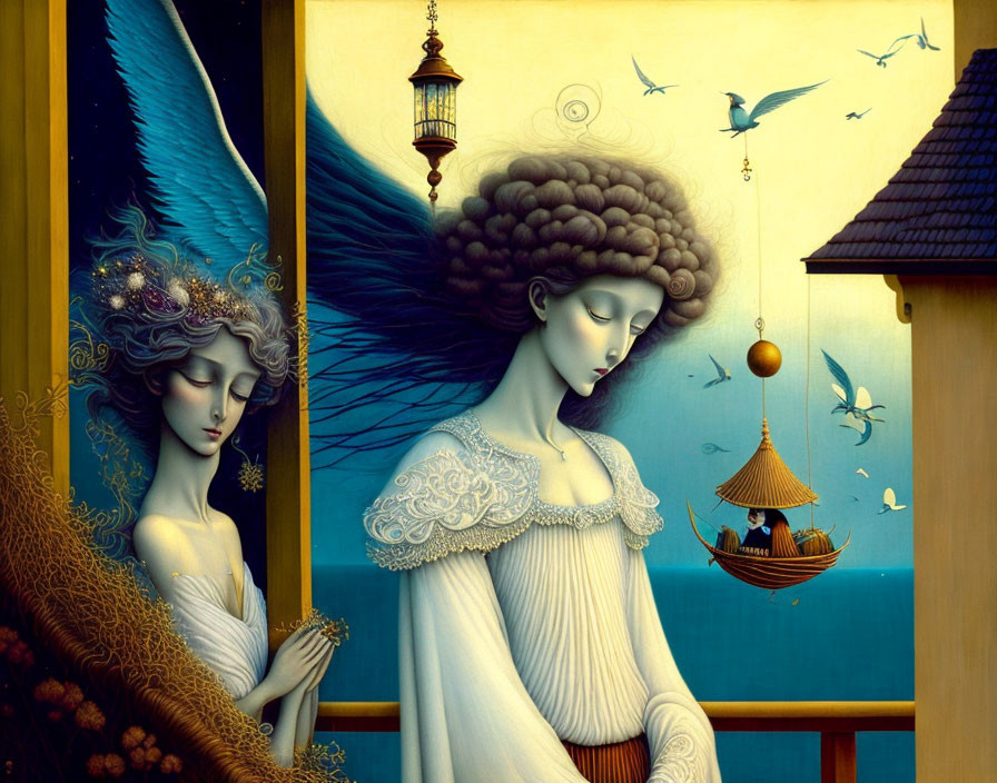 Fantasy Artwork: Two Women with Elaborate Hairstyles in Golden-Blue Setting