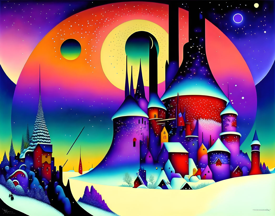 Colorful Fantasy Landscape with Whimsical Castles and Celestial Bodies