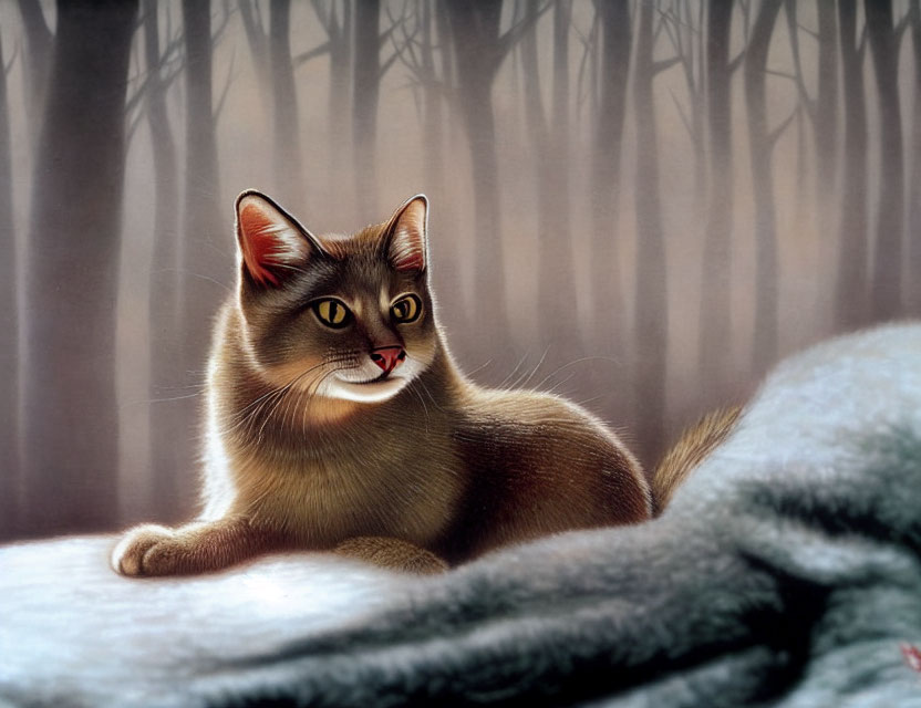 Brown Tabby Cat with Green Eyes Sitting on Soft Surface with Forest Backdrop