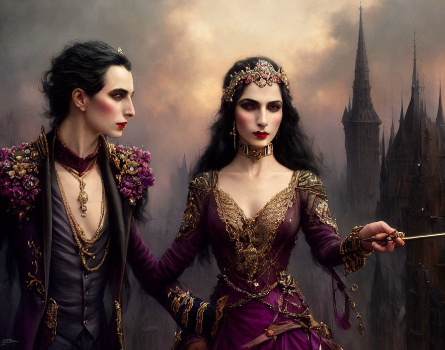 Gothic fantasy illustration of regal figures in elaborate costumes