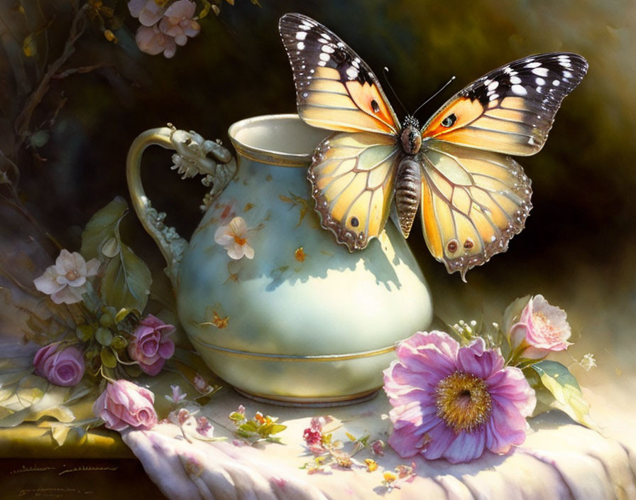 Colorful Butterfly on Floral Jug Amid Soft Lighting and Flowers