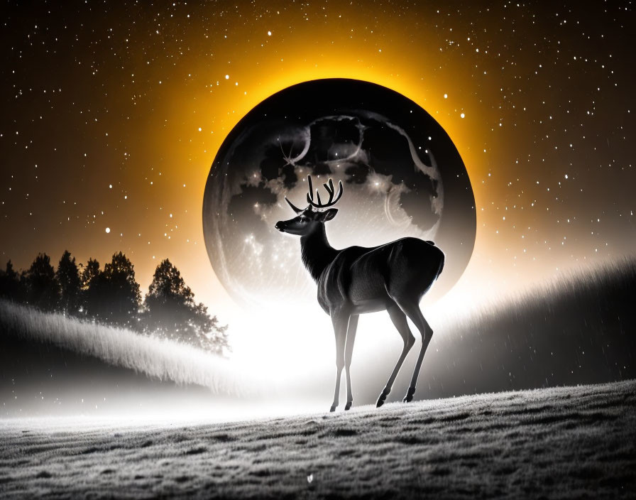 Stag Silhouette on Surreal Night Sky with Glowing Moon
