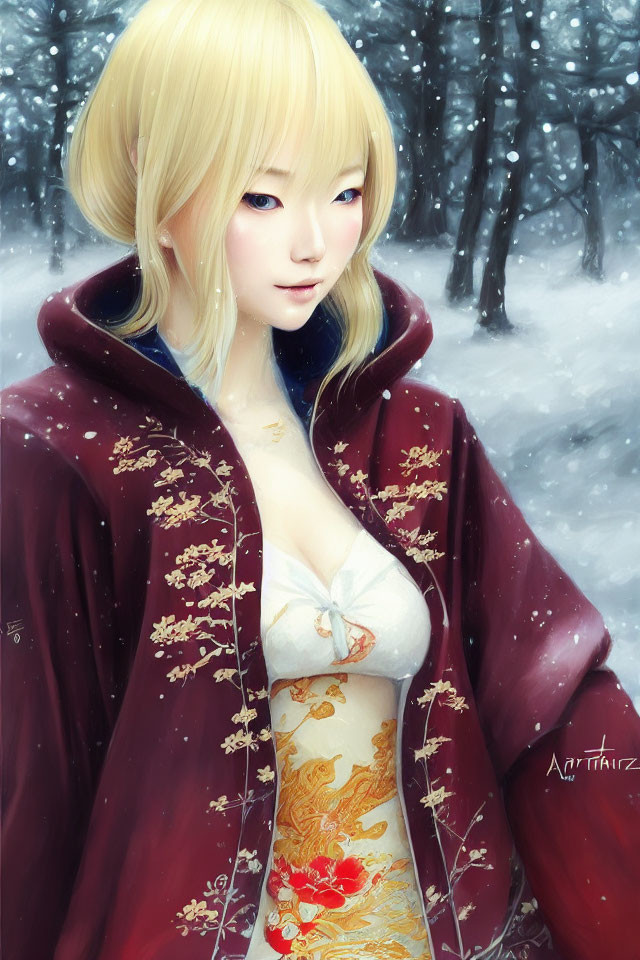 Blonde woman in red cloak with gold patterns on snowy backdrop