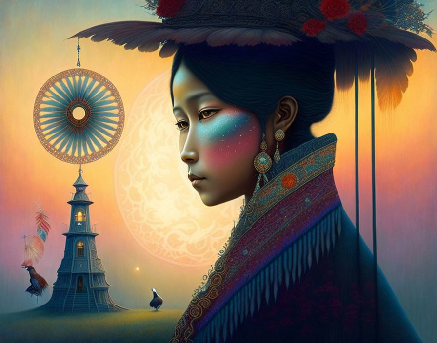 Digital art: Woman in traditional attire with celestial motifs, moon, and dreamlike tower background