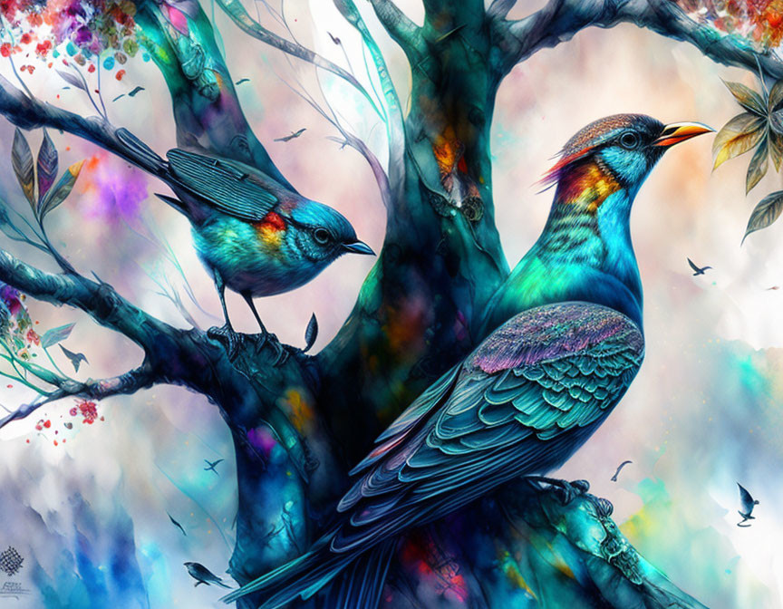 Colorful Birds on Whimsical Tree Branch with Butterflies and Paint Splashes