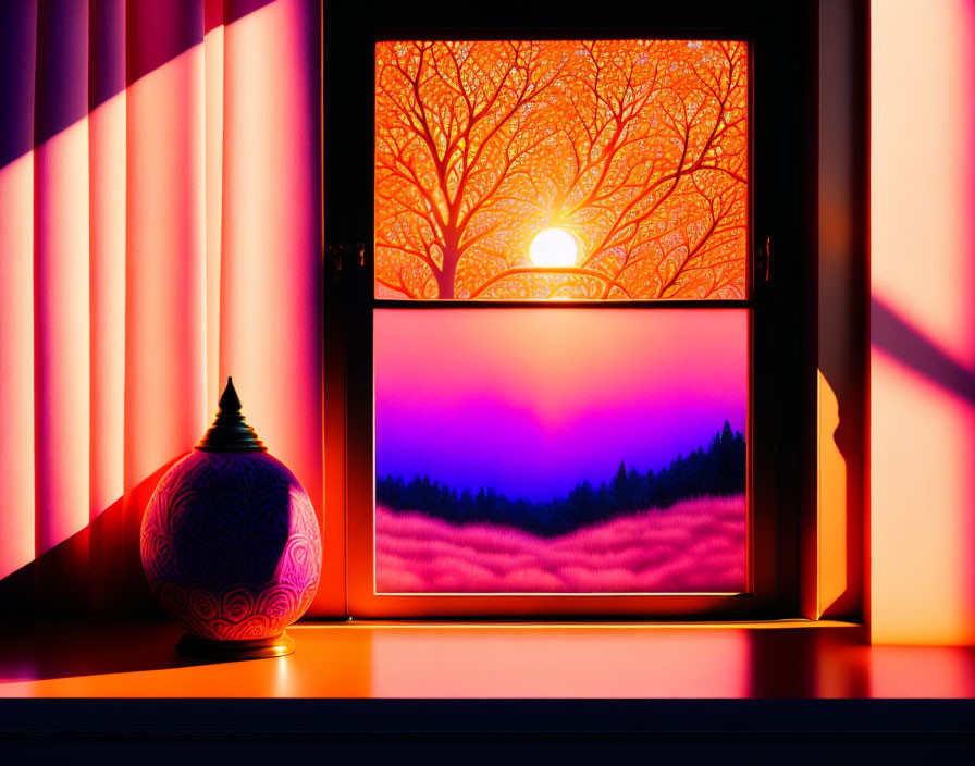 Colorful sunset scene with tree silhouette, curtains, and vase in shadowed interior