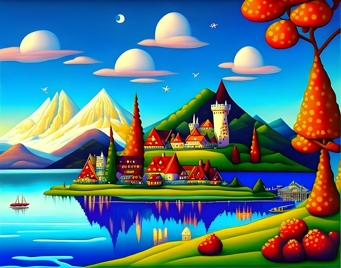 Colorful village painting with whimsical details and snowy mountains