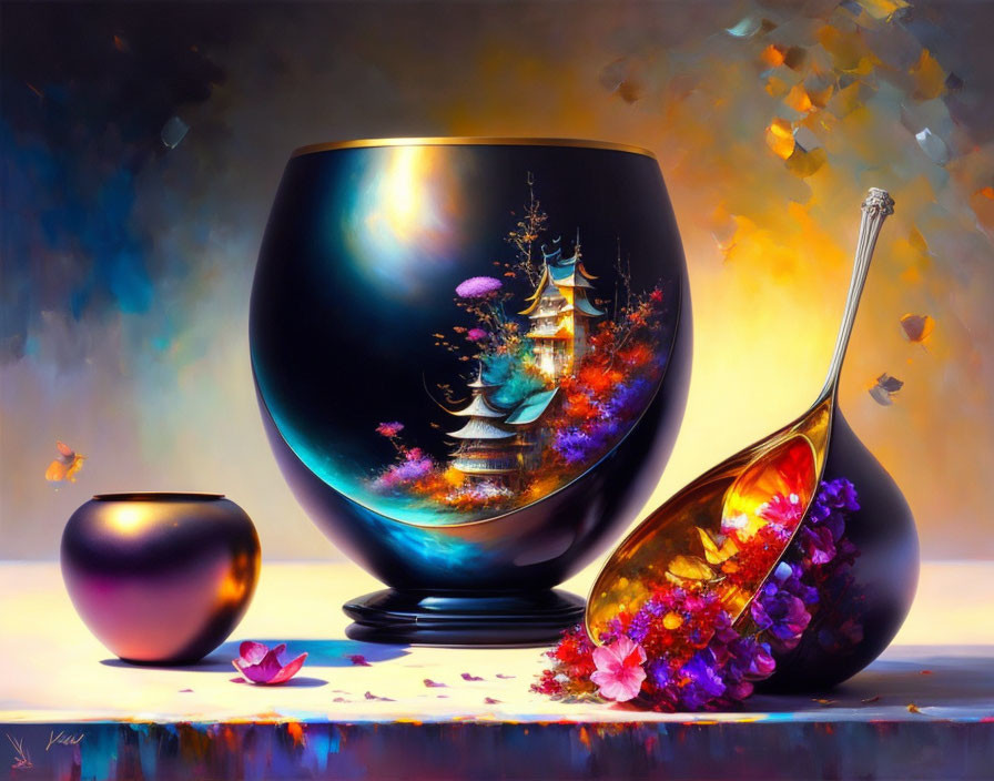 Colorful Painting of Large Black Vase, Asian Landscape, Flowers Spilling from Vessel