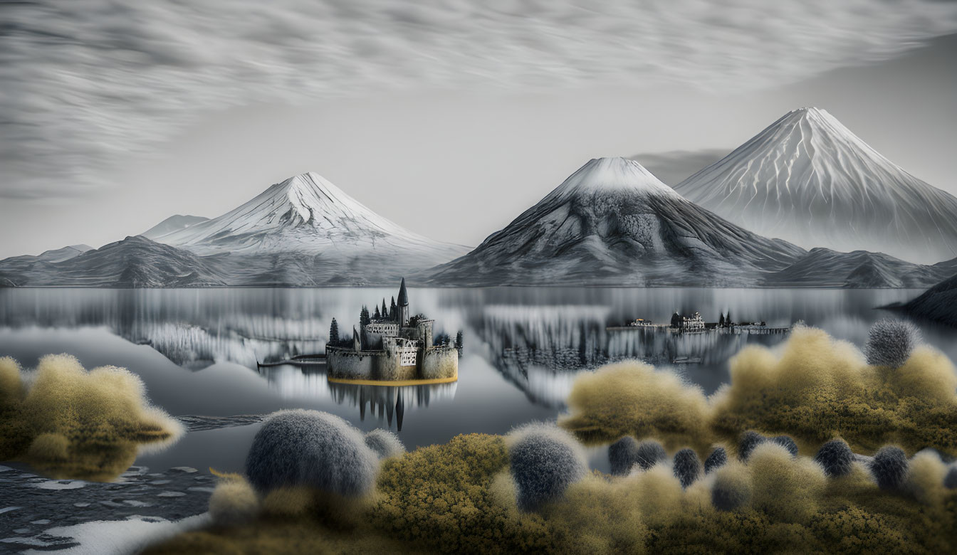 Monochrome landscape with snow-capped mountains, castles, and reflective lake