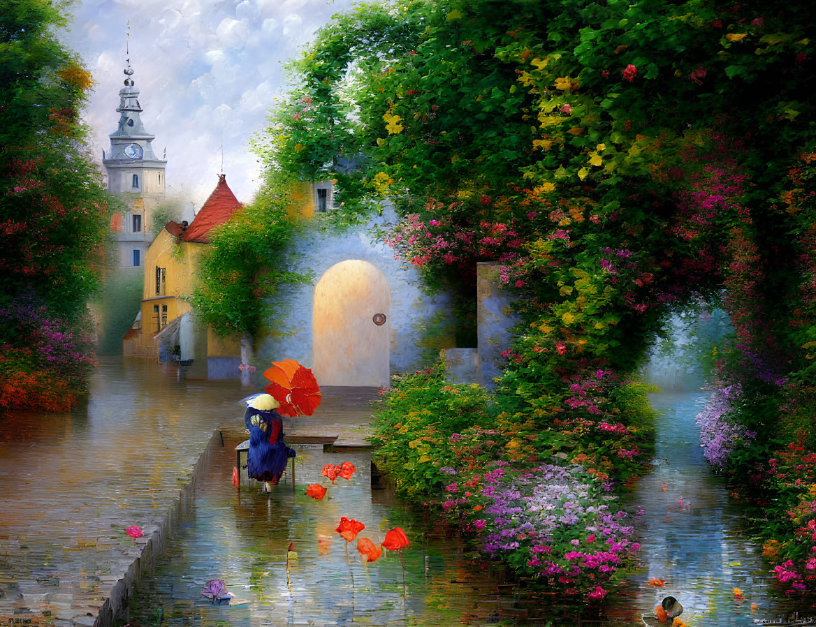 Person with umbrella on cobblestone street with flowers, buildings, and clock tower