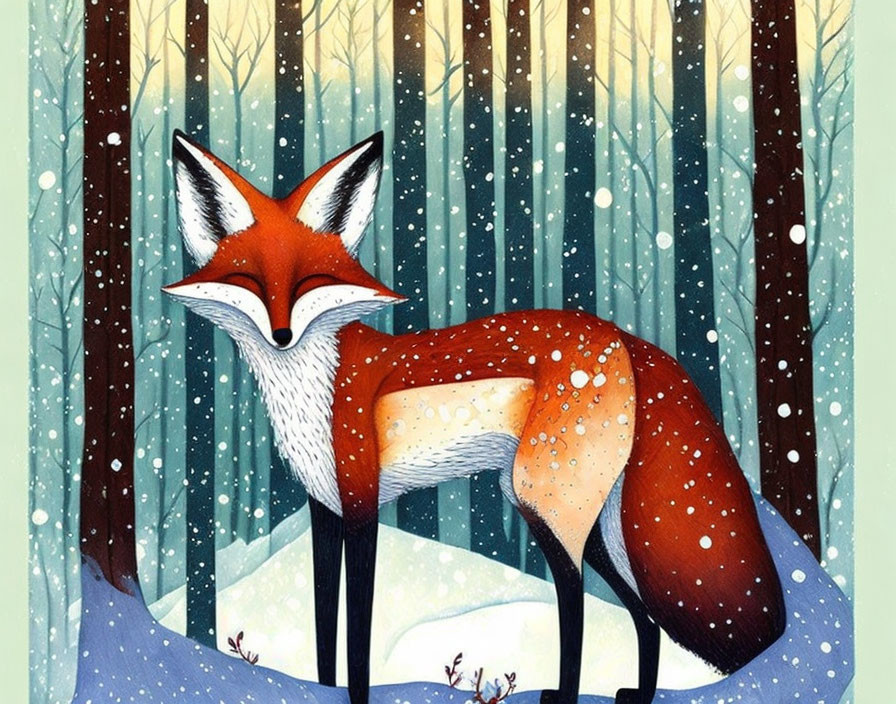 Illustrated red fox in snowy forest with falling white specks and slender trees.