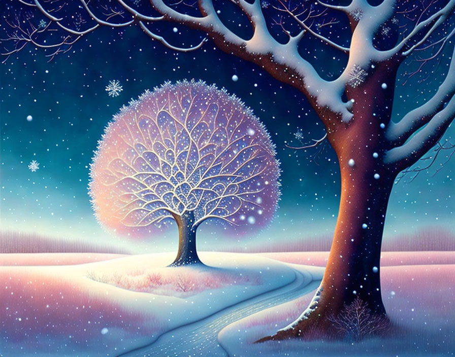 Winter landscape with glowing trees, split path, starry night, snowflakes