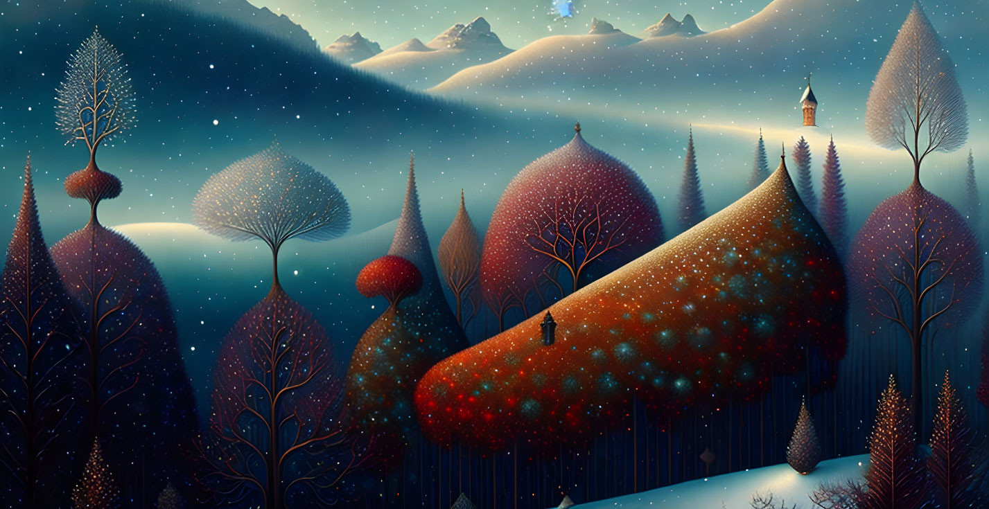 Starry night landscape with glowing trees on snowy hills