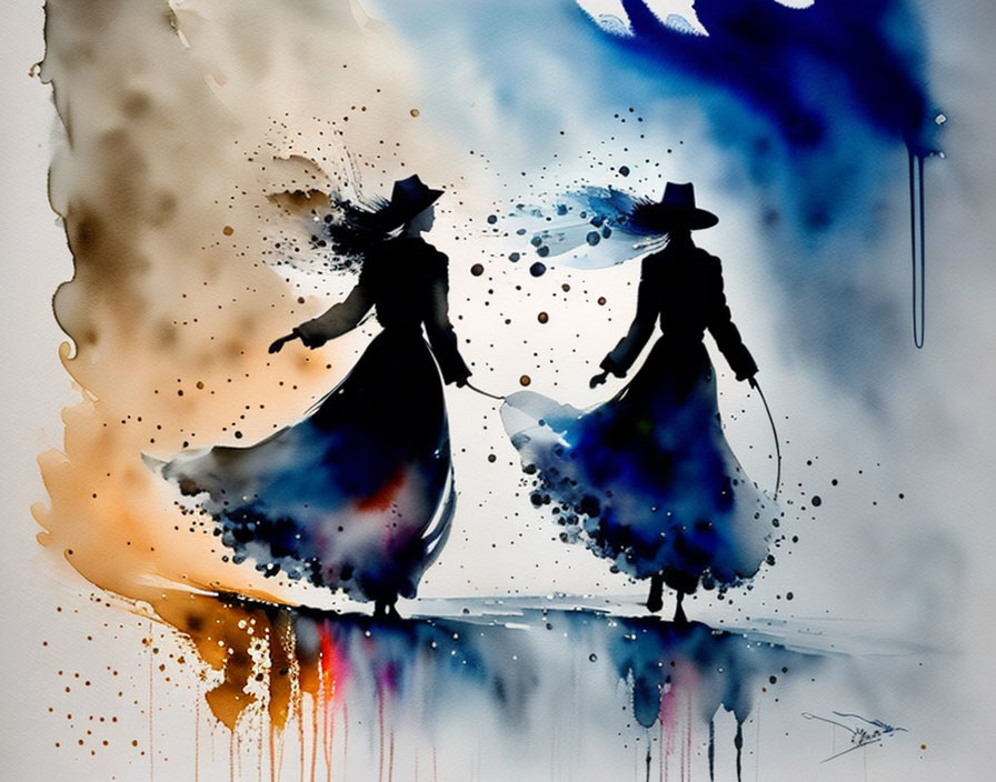 Two figures in flowing dresses and hats in blue and brown splashes