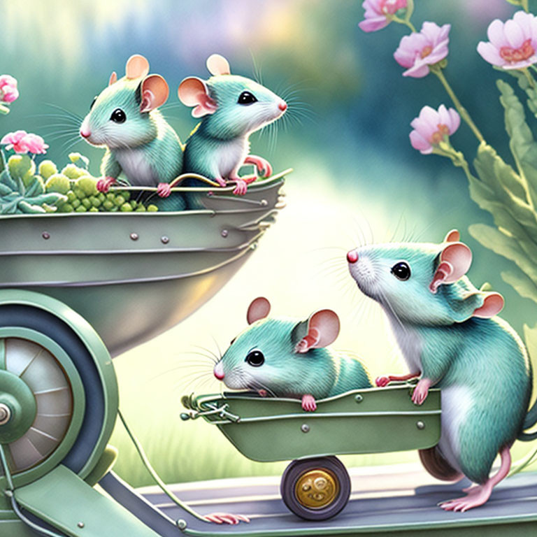 Three animated mice in whimsical carts among pink flowers - a cheerful, fantastical scene