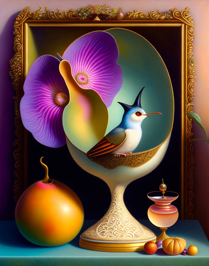 Surreal painting: bird on goblet with flowers and fruit against framed backdrop