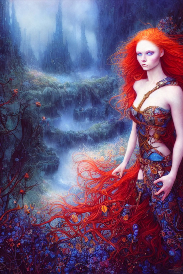 Fiery red-haired woman in intricate armor in mystical forest with waterfall