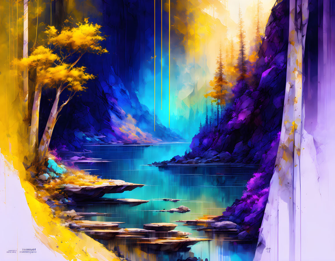 Vivid digital artwork of mystical canyon with blue waters & golden foliage