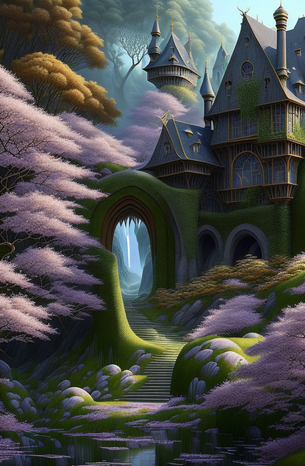 Fantasy castle with lush gardens and purple foliage, grass bridge, mystical forest.