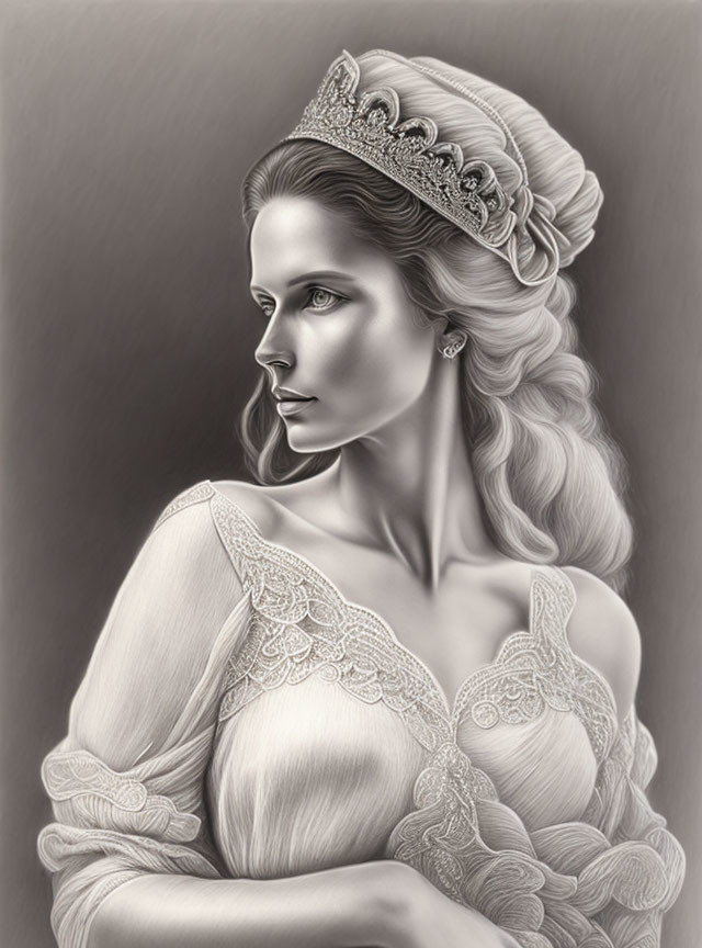 Monochrome illustration of regal woman in lace dress and tiara