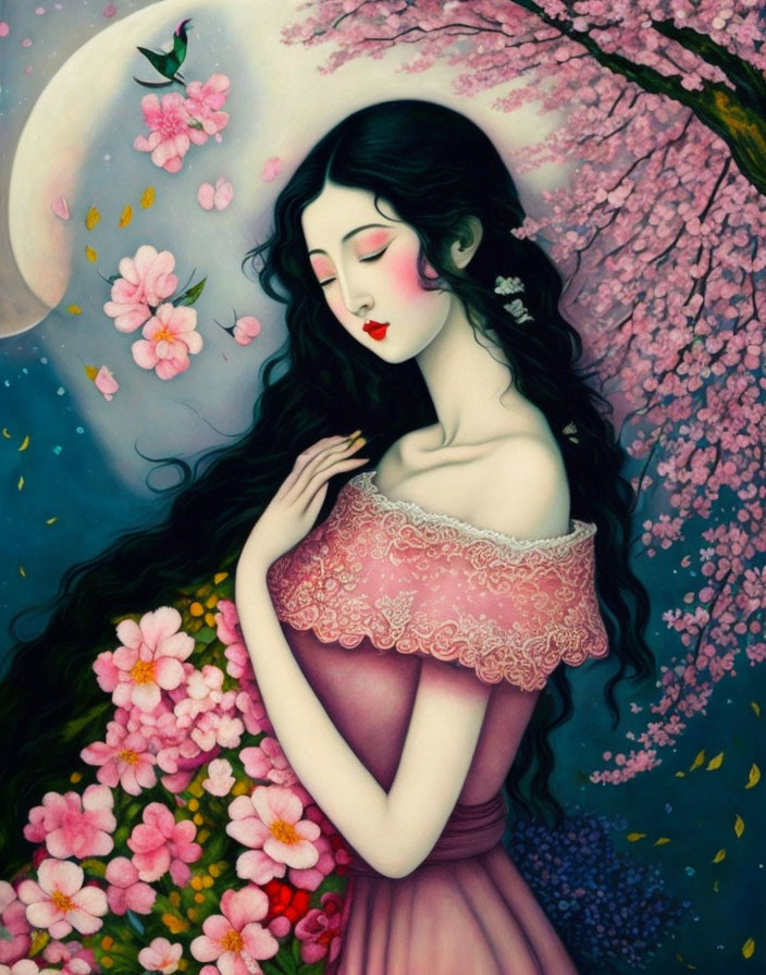 Illustration of woman with long dark hair in pink dress under cherry tree with crescent moon