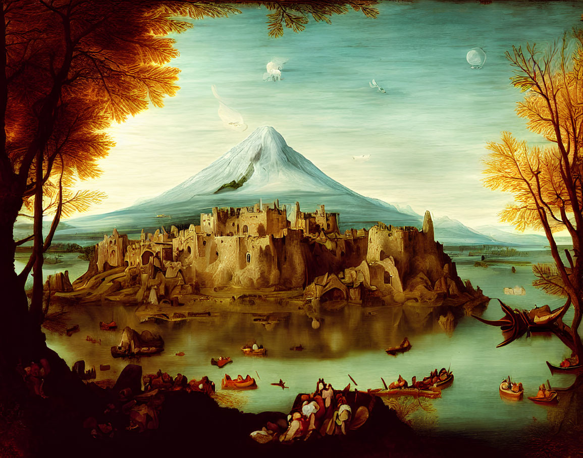 Medieval-style city on water with volcano in fantasy landscape