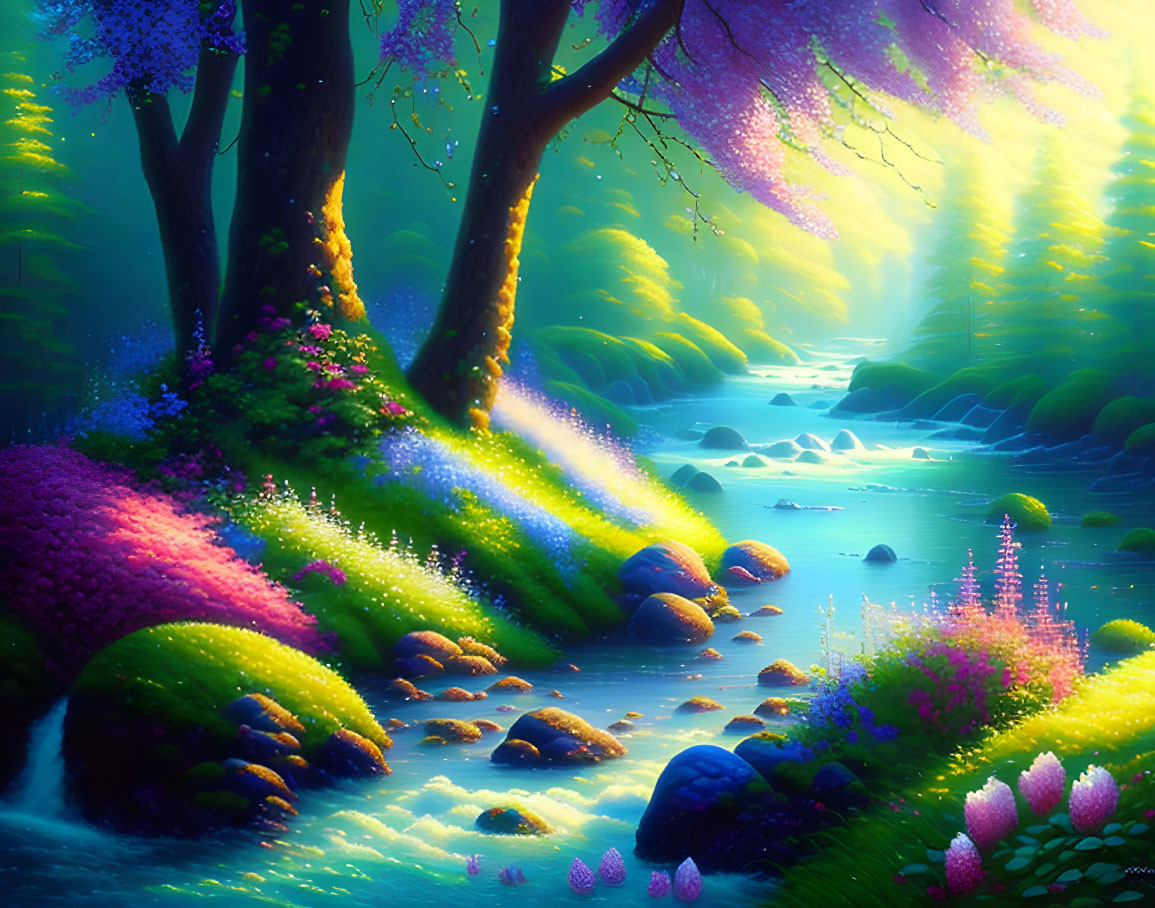 Colorful Fantasy Forest with Sunlit Stream & Misty Background