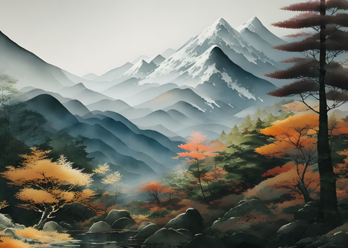 Misty mountain landscape with autumn trees and tranquil stream