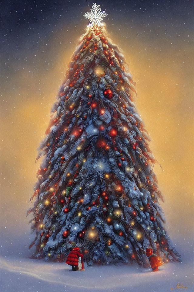 Snow-covered Christmas tree adorned with lights and baubles under twilight sky