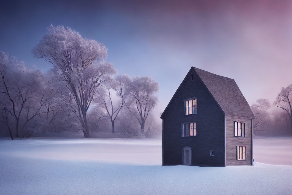 Snow-covered landscape with solitary dark house and frost-laden trees at dawn or dusk