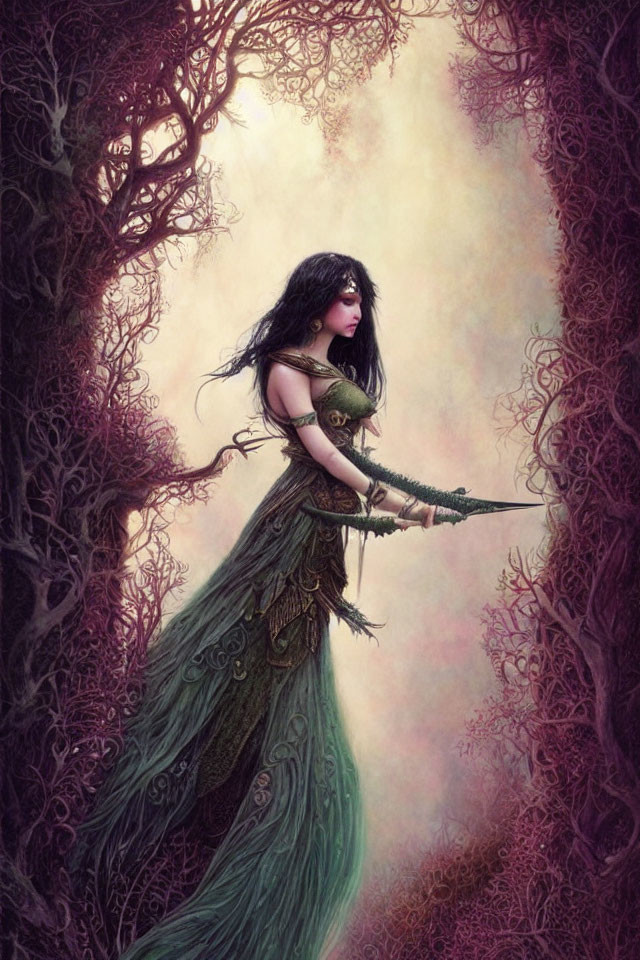 Fantasy artwork of woman in green medieval attire with spear in ethereal forest