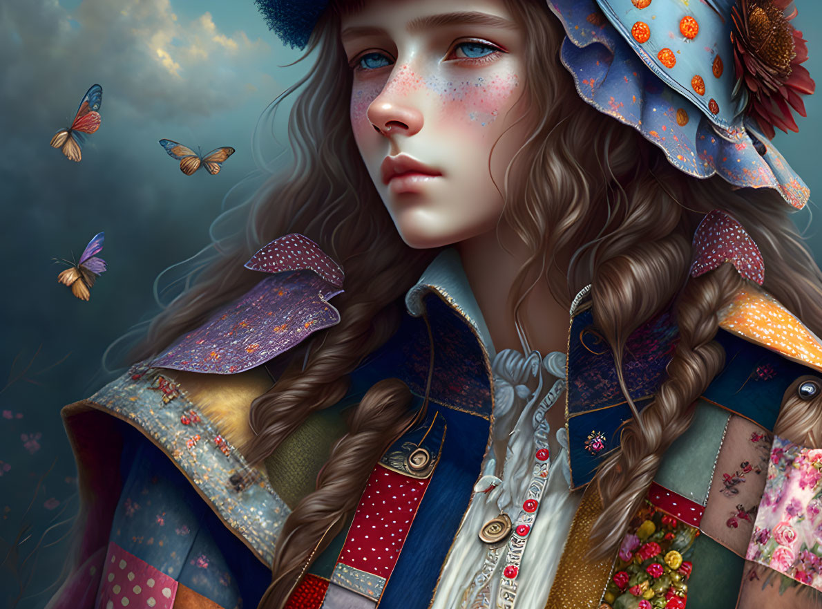 Detailed illustration: Girl with wavy hair, freckles, patchwork coat, flowers, butterflies