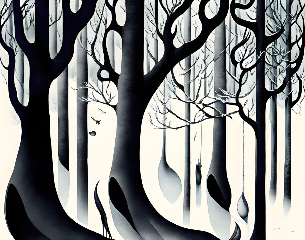 Monochromatic forest scene with elegant trees and birds in flight