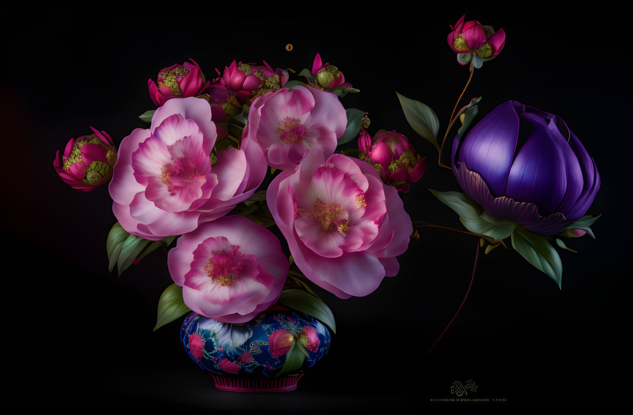 Colorful Pink Flowers in Decorative Vase on Dark Background